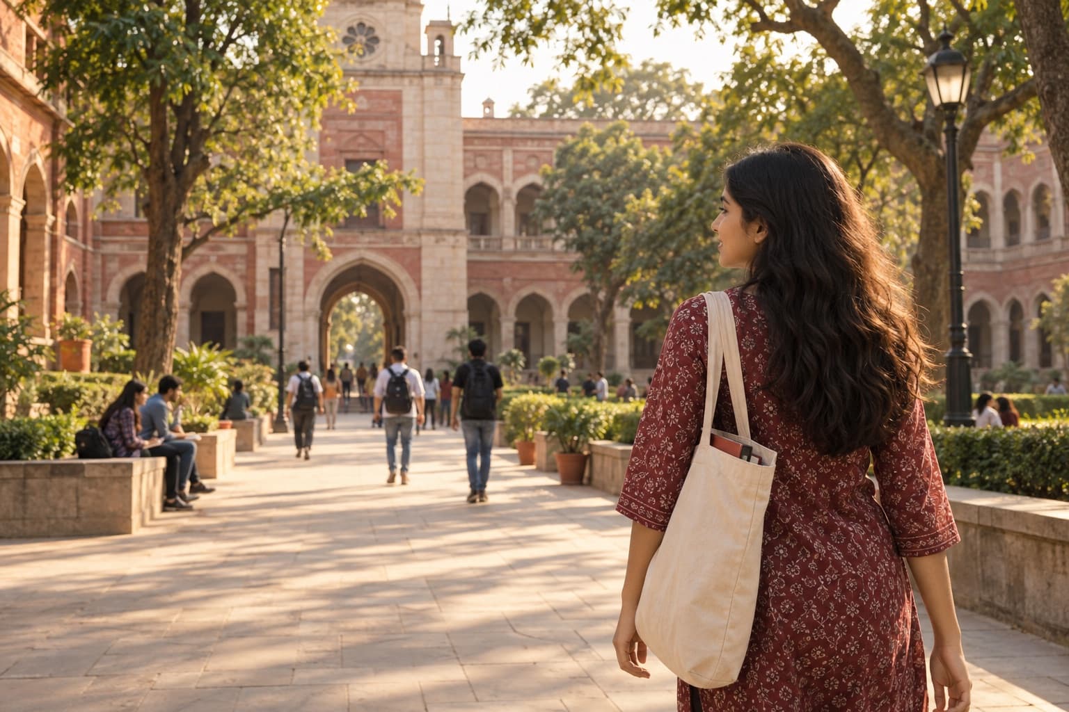 Student walking toward a university courtyard